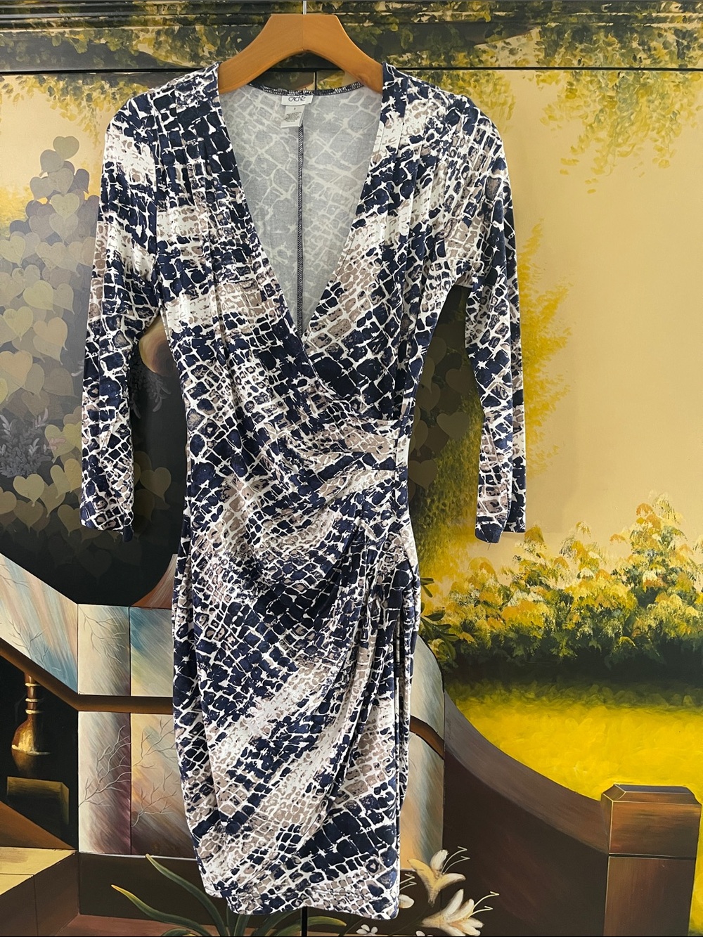 Cache Navy and White Printed Long-Sleeve Faux-Wrap Dress